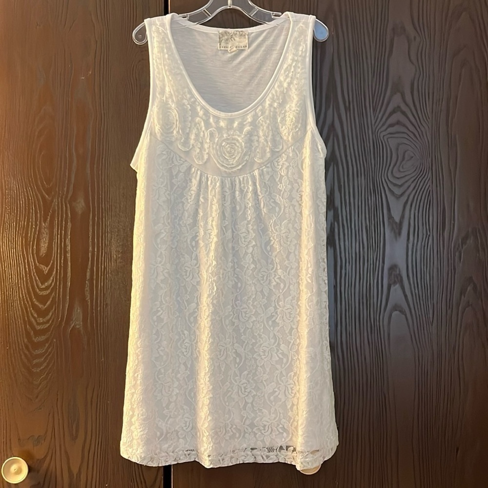 Debbie Morgan dress or long top. White wit lace designs on the front. Size Large